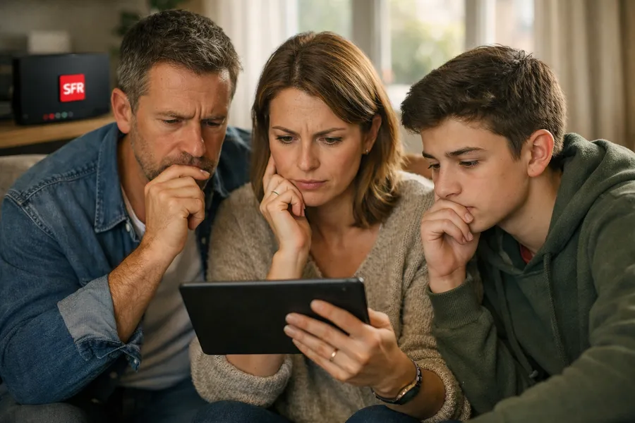 trois personnes regradent une tablette une bos SFR apparait en haut à gaucge